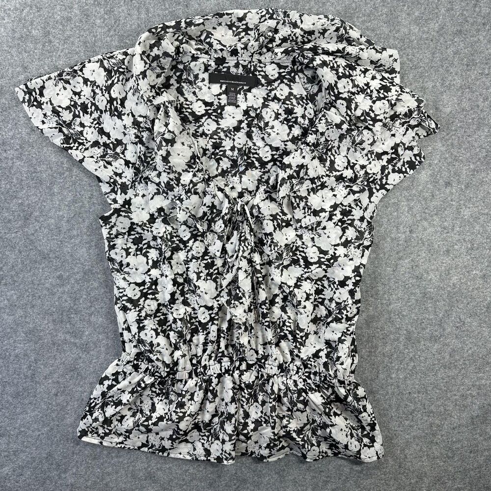 White House Black Market Blouse Womens Medium Black Floral Ruffle Peplum Top